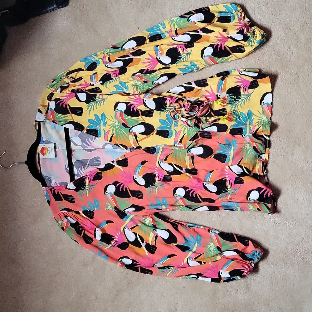 Farm Rio for Anthropologie Rain Forest Tucan Wrap Tassel Top
